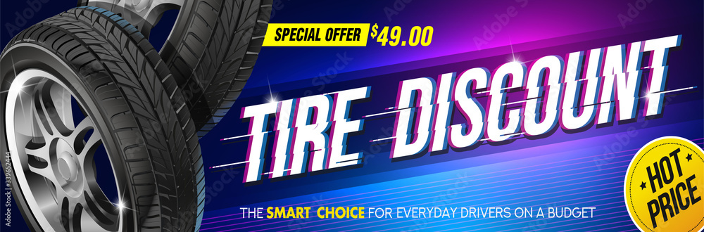 Discount. Tire car advertisement poster. Black rubber tire. Realistic vector shining disk car. Information. Store. Action. Landscape poster, digital banner, flyer, booklet, brochure and web design.