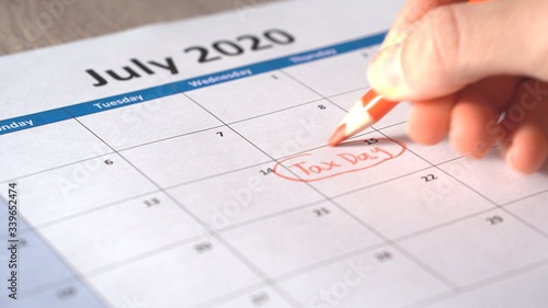 Tax day filing deadline pushed back to July 15 marked on 2020 calendar.