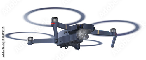 Drone quadrocopter with action camera.  Remote control air drone. Innovation photography concept.
