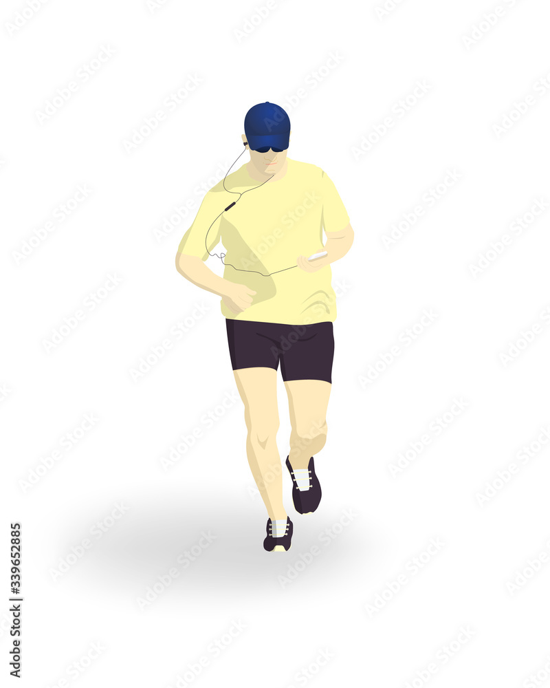 An overweight man runs a program on his smartphone. Fitness classes. An overweight man runs a program on his smartphone. Fitness classes.