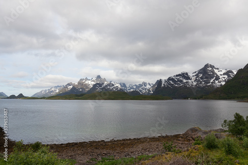 End of fjord. Beautiful Norwegian landscape. view of the fjords. Norway ideal fjord reflection in clear water In cloudy weather. selective focus