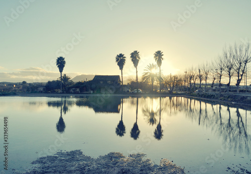 A sunset in the village of Montuiri, in the interior of the island of Mallorca, Spain. Typical architecture with palm trees and the Randa mountain in the background, reflected in a flooded field © Nemesio