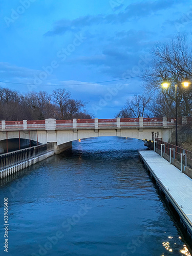 river channel at blue hour bridge 