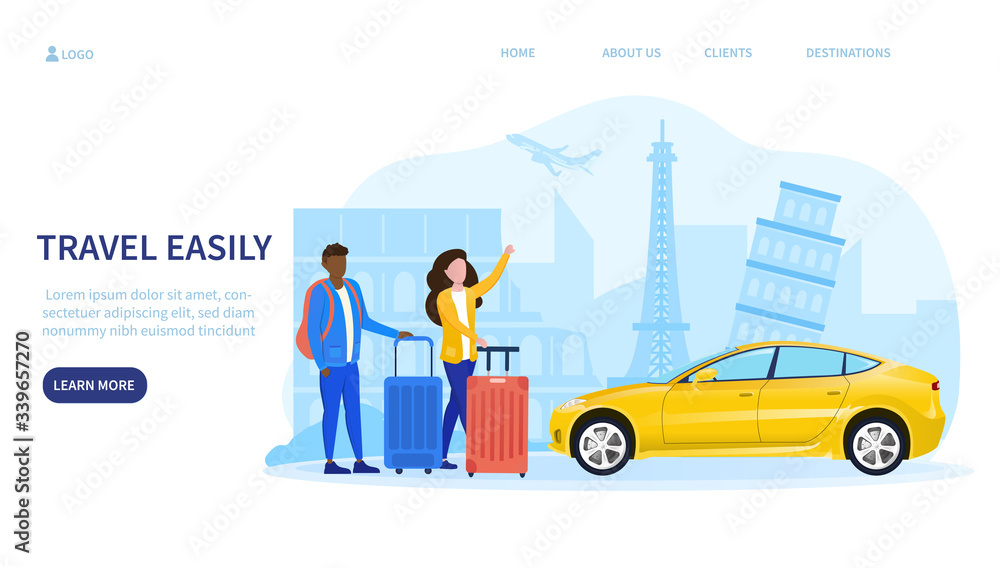 Ride hailing or car sharing concept withe a multiracial couple of tourists ordering a yellow car, vector illustration Ride hailing or car sharing concept withe a multiracial couple of tourists ordering a yellow car, vector illustration