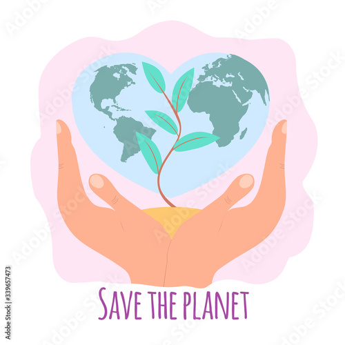 World Environment Day. God's hands hold the planet in the form of a heart. June 5th. Save the planet. Colorful vector illustration.