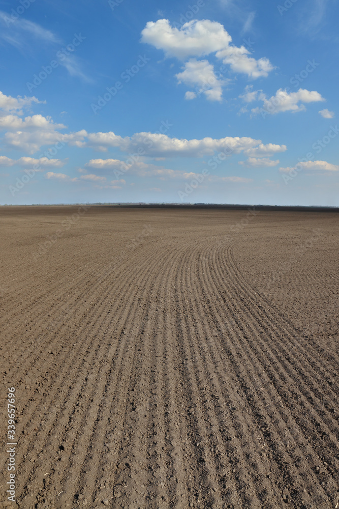 Cultivated field in spring with blue sky and clouds, agricultural works Cultivated field in spring with blue sky and clouds, agricultural works