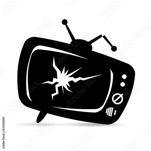 Black icon old tv with antennas, broken screen. Vector illustration