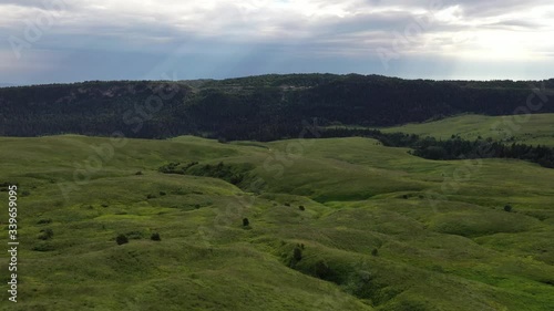 Aerial View, Russia, Adygea. Green hills and blue sky. Top View