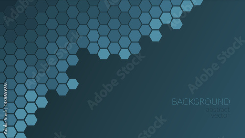 Vector abstract, geometric background, metallic hexagonal shapes on a classic dark gradient background. For banner, printing design, place for text. Copyspace.