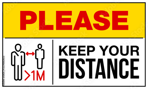 please keep your distance 1 meter warning and attention icon sticker. man face in mask icon danger sign for institution, COVID 19 epidemic and pandemic symbol. prevention coronavirus template sticker