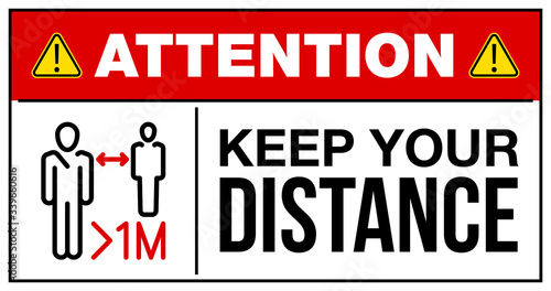 please keep your distance 1 meter warning and attention icon sticker. man face in mask icon danger sign for institution, COVID 19 epidemic and pandemic symbol. prevention coronavirus template sticker