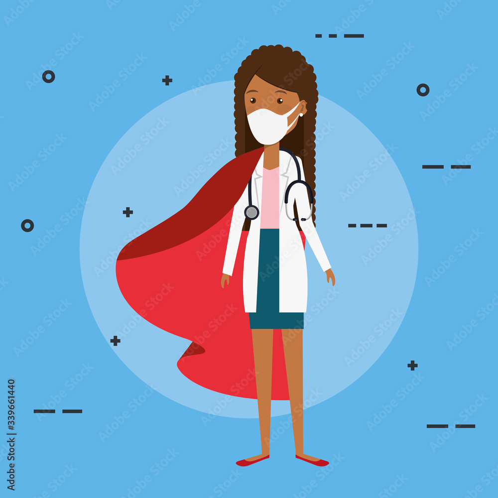 super doctor female afro with face mask and hero cloak vector illustration design super doctor female afro with face mask and hero cloak vector illustration design