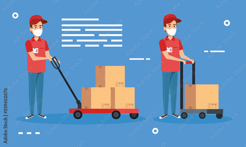 delivery workers using face mask with boxes carton vector illustration design delivery workers using face mask with boxes carton vector illustration design