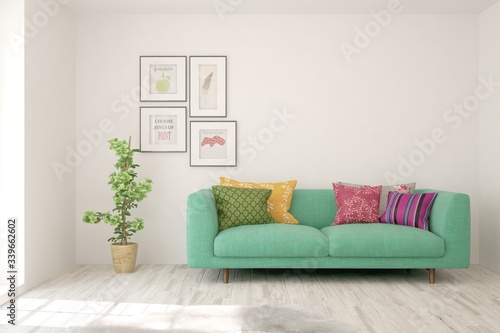 White living room with sofa. Scandinavian interior design. 3D illustration