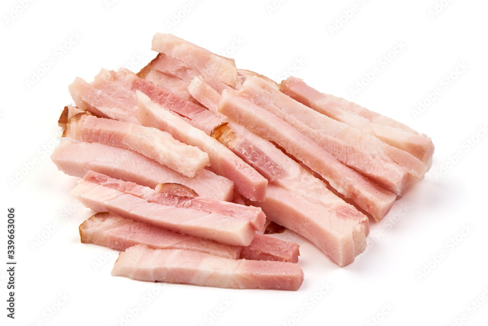 Sliced pork brisked, bacon slices, isolated on white background Sliced pork brisked, bacon slices, isolated on white background