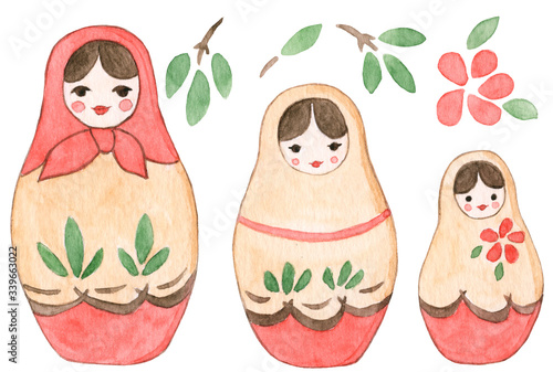 Hand painted watercolor illustration of national Russian dolls matryoshka (babushka) isolated on white background with flower and leaves elements, red, ochre and green colors, for folk culture design.