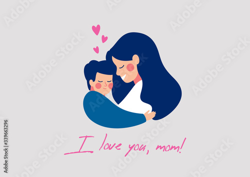 Greeting card "I love you, mom" for Mother's day with a happy young mother hugging her small son with love. Vector illustration