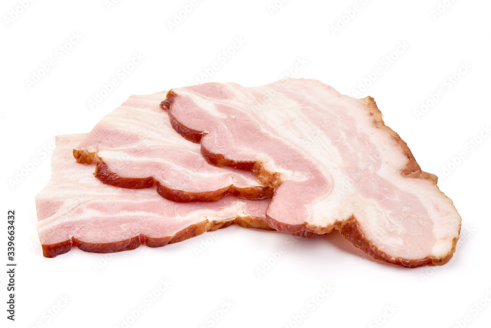 Pork brisket slices, smoked meat, isolated on white background Pork brisket slices, smoked meat, isolated on white background