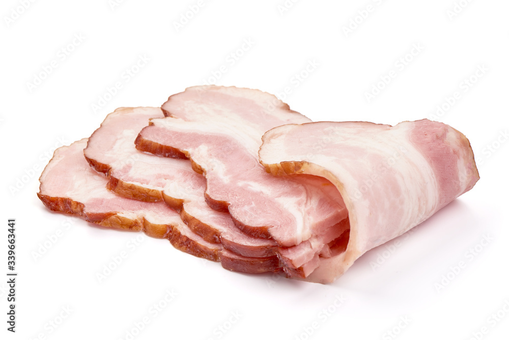 Sliced pork brisked, bacon slices, isolated on white background Sliced pork brisked, bacon slices, isolated on white background