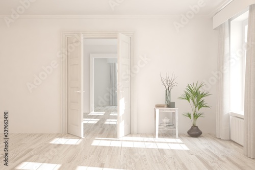 White empty room with wooden chair, home plant and open door. Scandinavian interior design. 3D illustration