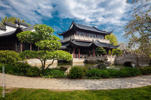 A beautiful spring afternoon view of a Chinese tea house in Luisenpark.