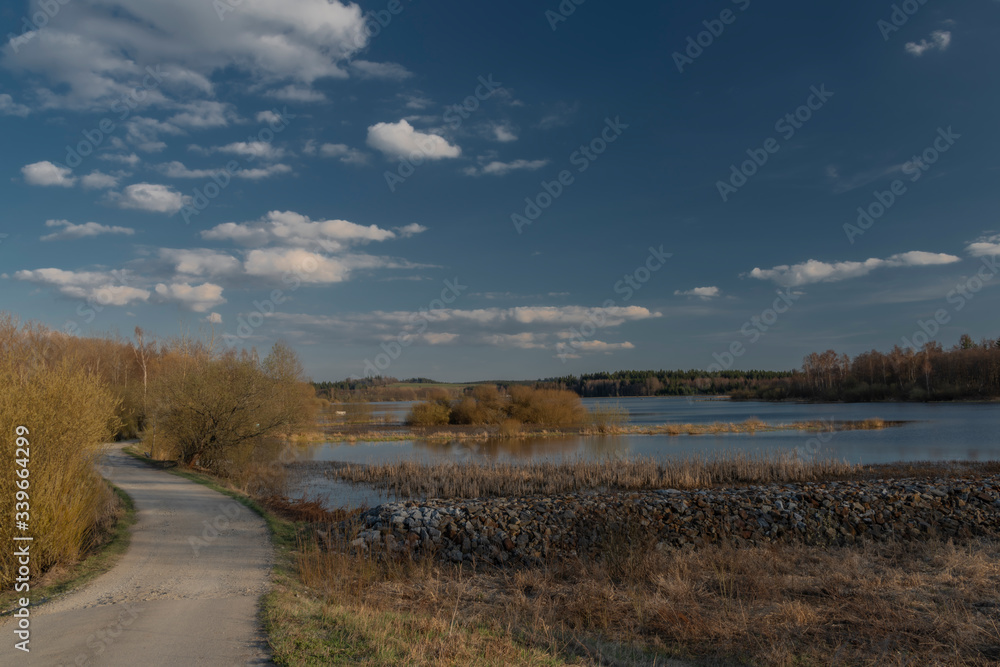 End of Lipno dam with dry grass in dry spring sunny day End of Lipno dam with dry grass in dry spring sunny day