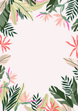 Tropical frame background. Modern Hawaiian card, banner template. Exotic branches and flowers. Botanical frame vector illustration. Jungle border had-drawn design.