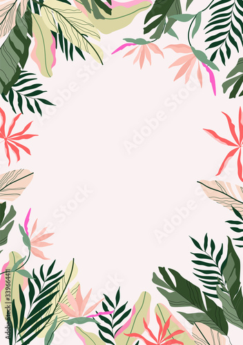 Tropical frame background. Modern Hawaiian card, banner template. Exotic branches and flowers. Botanical frame vector illustration. Jungle border had-drawn design.