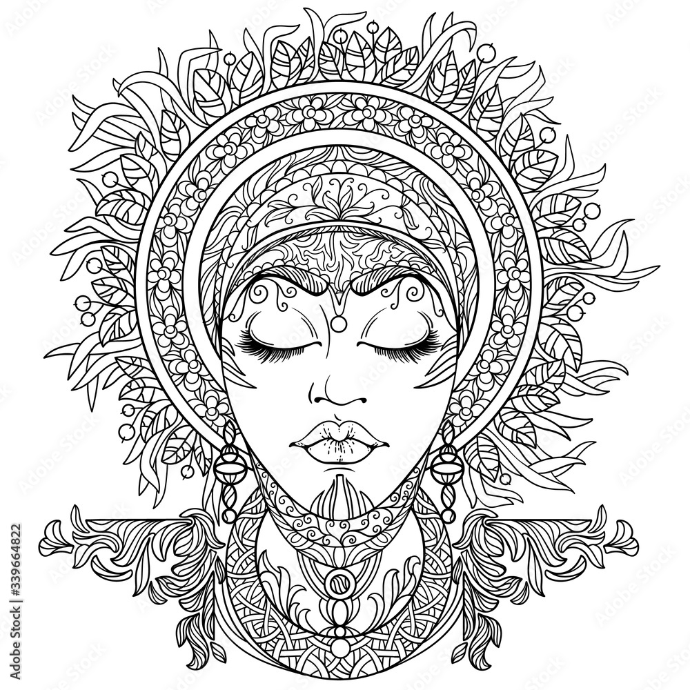 Coloring book for adults anti stress woman face with ethnic hairstyle and headdress 