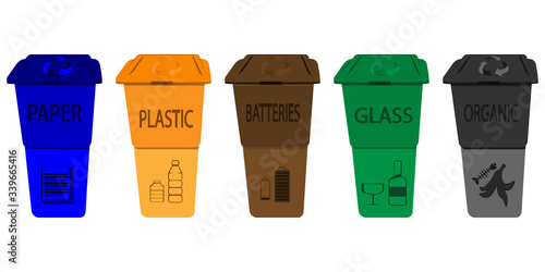 Recycling bins. Trash in garbage cans with sorted garbage vector icons. Set of trash bins with sorted garbage. Organic, plastic, paper, glass, batteries