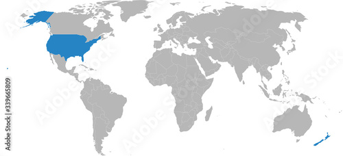 New zealand, USA map highlighted on world map. Light gray background. Business concepts, trade, economic relations.