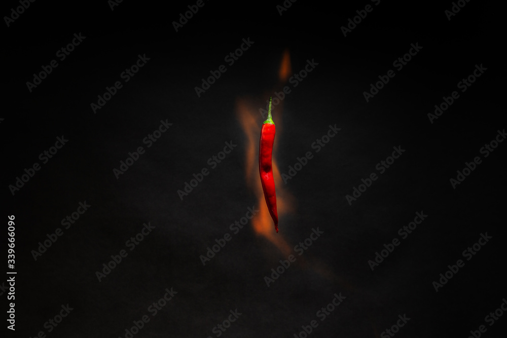 Red hot chili peppers on fire on an isolated black background. The concept of levitation