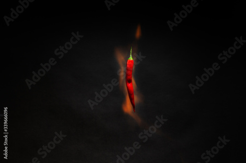 Obraz na płótnie Red hot chili peppers on fire on an isolated black background. The concept of levitation w salonie