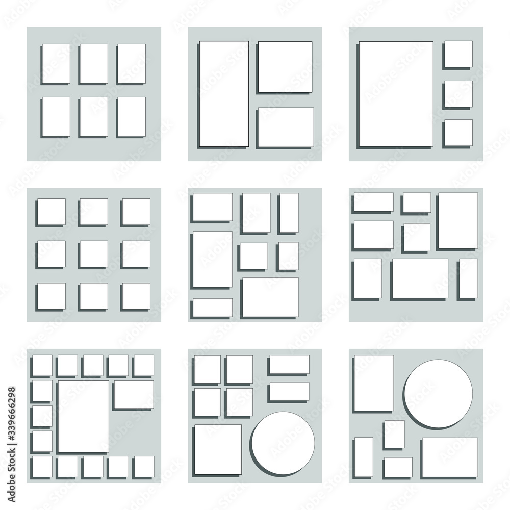 A set of examples of the location of different paintings on the wall. Nine square options. Vector image. A set of examples of the location of different paintings on the wall. Nine square options. Vector image.