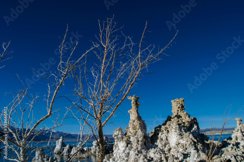 Mono Lake is a saline soda lake in Mono County, California known for its Tufa Towers or pillars of limestone formations.