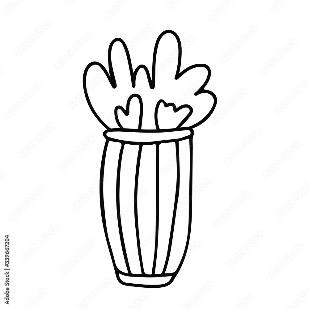 House plant in a striped pot. Doodle style. Hand drawn vector illustration in black ink on white background House plant in a striped pot. Doodle style. Hand drawn vector illustration in black ink on white background