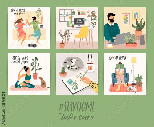 Fototapeta Naklejka Na Ścianę i Meble -  Stay at home. Young men and women stay in cozy house. Vector illustration.