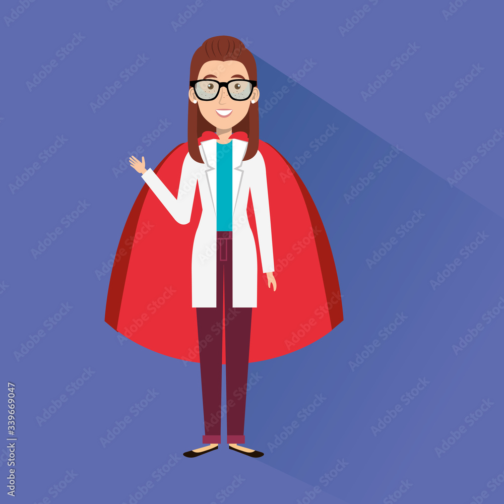 super doctor female with face mask and hero cloak vector illustration design