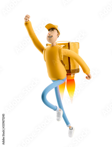 Express delivery concept. 3d illustration. Cartoon character. Delivery guy flies on jetpack with urgent order in yellow uniform stands with the big bag. 