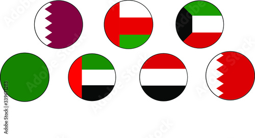 GCC Gulf Country Middle East Flag Icon set on isolated white background. United Arab Emirates, Kuwait, Qatar, Bahrain, Saudi Arabia, Yemen and Oman.