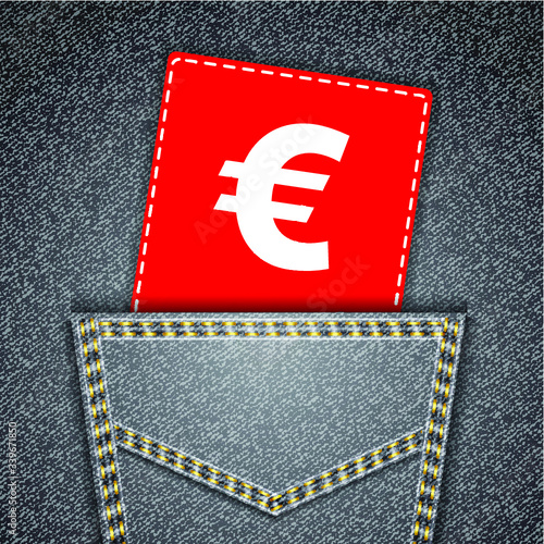 Euro sign tag. Black back jeans pocket realistic denim texture
