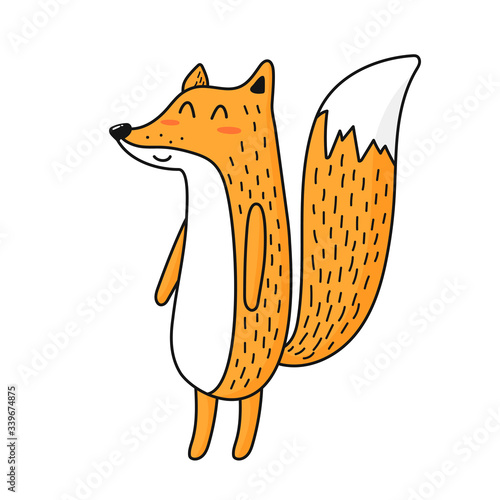 Cute fox adorable cartoon vector illustration. Smiling baby animal foxy orange fur isolated on white background