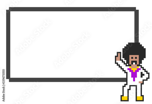 Pixel retro disco dancer character with signboard vector illustration.