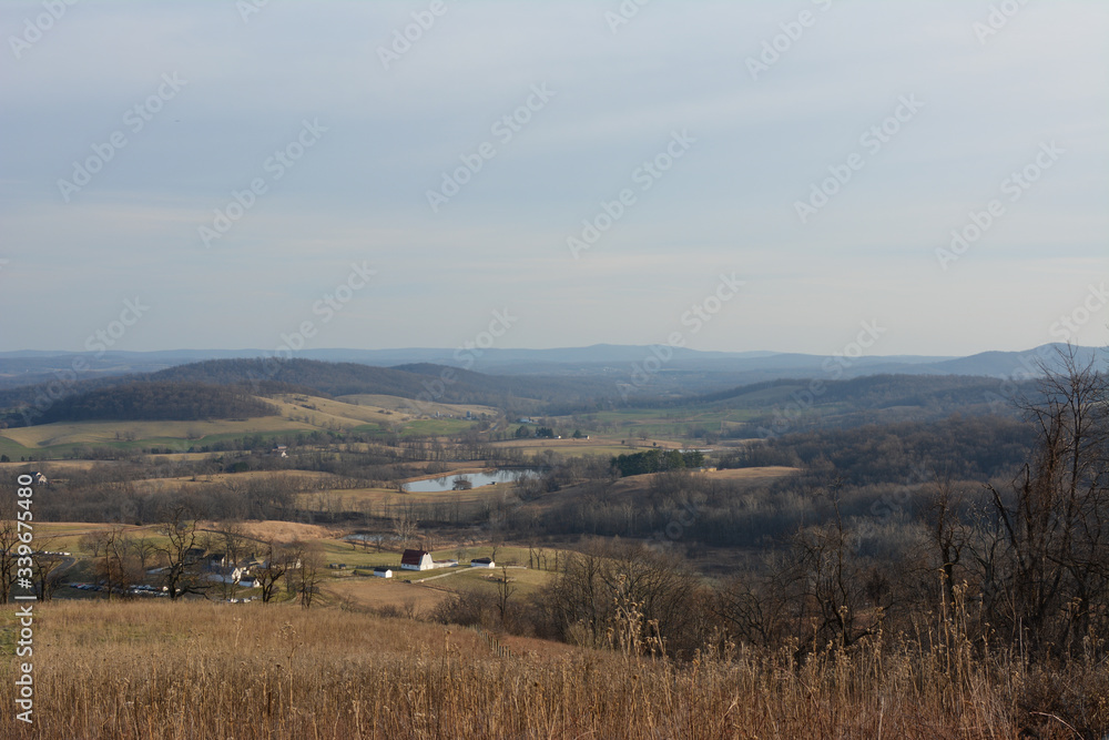 View of the rolling foothills of the Appalachian mountains from sky meadows state park.