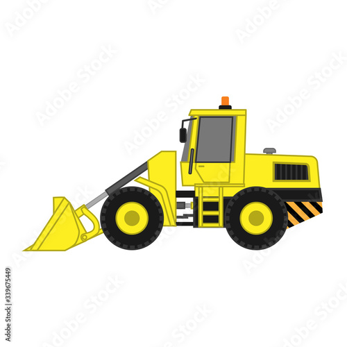 Yellow loader grader with bucket on a white background