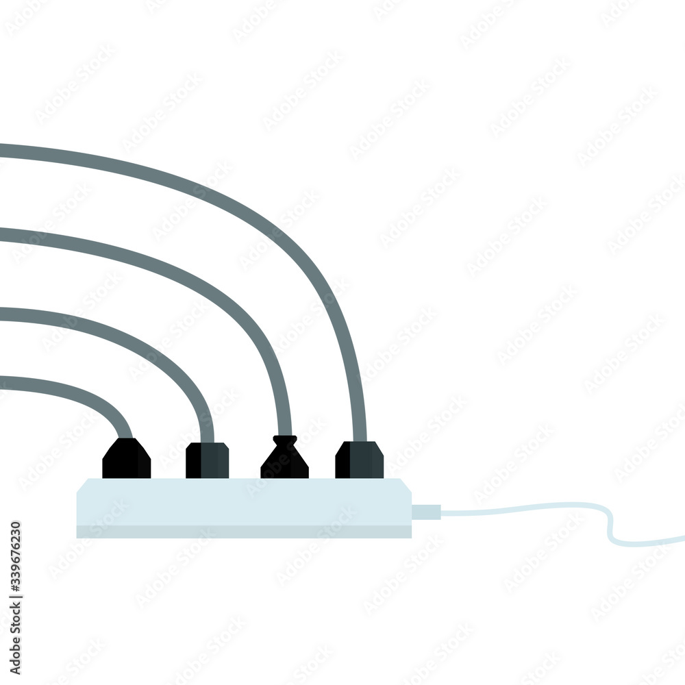 Many outlets to plug with wires. load on system. Cartoon flat illustration. Household appliance at home. High voltage and current. Electrical socket Many outlets to plug with wires. load on system. Cartoon flat illustration. Household appliance at home. High voltage and current. Electrical socket
