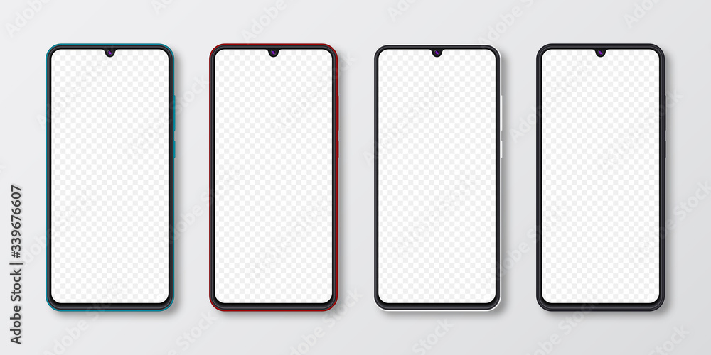 Realistic smartphone mock up set. Mobile phone display isolated on white gray background. 3D template illustration. Vector illustration Realistic smartphone mock up set. Mobile phone display isolated on white gray background. 3D template illustration. Vector illustration