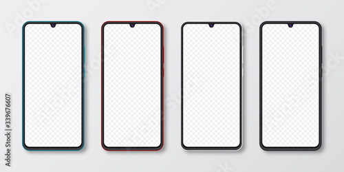 Realistic smartphone mock up set. Mobile phone display isolated on white gray background. 3D template illustration. Vector illustration