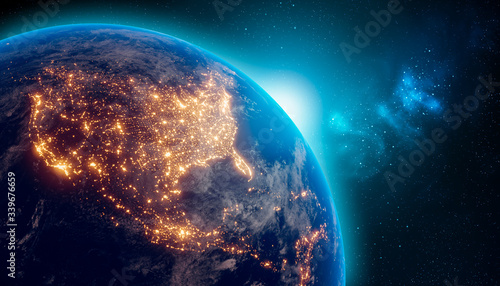 Earth at night from outer space with city lights on North America continent. 3D rendering illustration. Earth map texture provided by Nasa. Energy consumption, electricity, industry, ecology concepts.