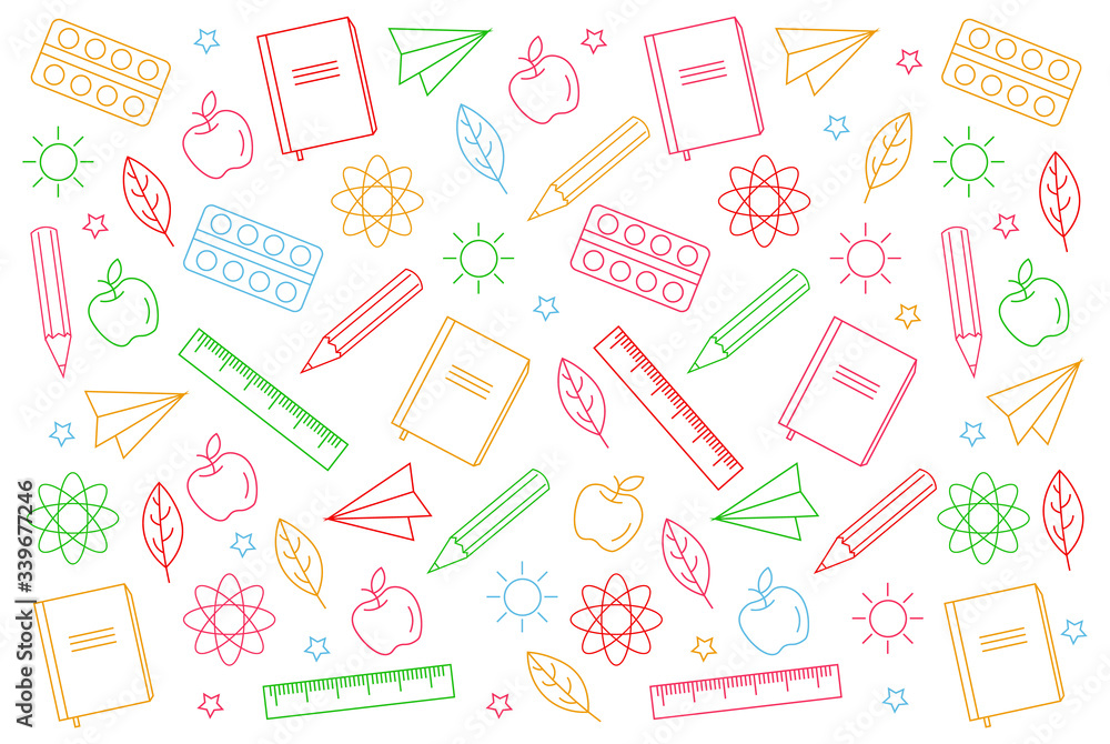 Back to school, outline icons set, school banner, isolated board, hello autumn, hello september